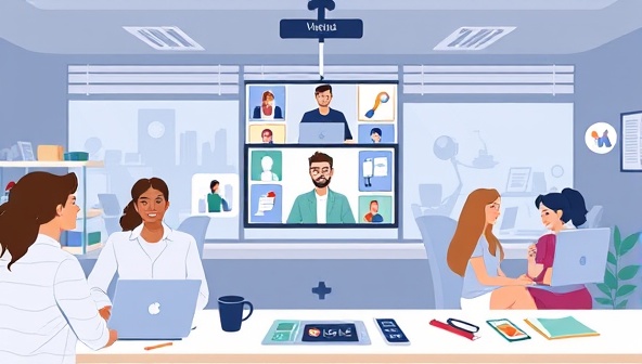 An engaging virtual co-working space visual, showing diverse professionals collaborating on projects, networking over a video call, and sharing resources within the Nomad Connect Hub platform, illustrating a dynamic and connected remote work environment.
