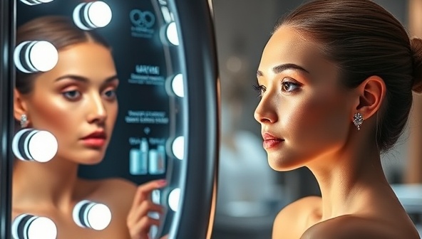 An innovative product showcase featuring a smart beauty mirror with integrated LED lights and skincare analysis technology, reflecting a user's glowing complexion and personalized skincare recommendations, highlighting the futuristic and luxurious appeal of the brand.