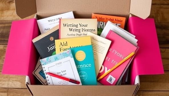 A visually appealing subscription box filled with an assortment of books, writing journals, pens, and literary-themed goodies, arranged neatly with vibrant packaging and a personalized welcome note, evoking a sense of anticipation and delight.