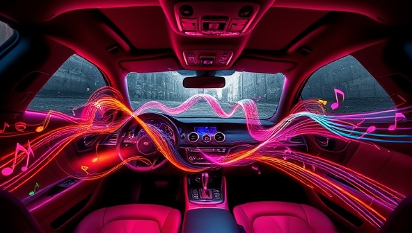 An artistically designed car interior with state-of-the-art sound speakers seamlessly integrated, emitting vibrant sound waves and colorful music notes, creating a visually striking representation of SoundRevamp Subs' audio enhancement services.
