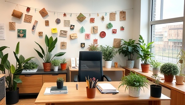 A cozy office space with recycled paper decorations, potted plants, and eco-friendly office supplies, symbolizing a sustainable workspace and reinforcing the consulting service's commitment to environmental responsibility.