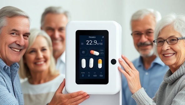 A sleek and modern pill dispenser with a digital display showing medication schedules, surrounded by smiling elderly individuals and caregivers, symbolizing ease and reliability in medication management.