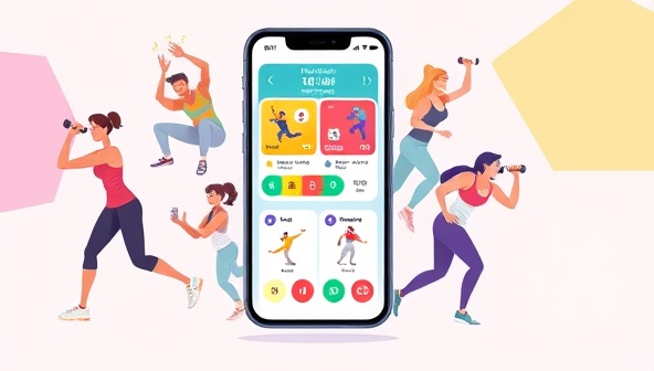 An illustration of a smartphone screen displaying the fitness app interface with colorful gamified elements, workout challenges, and progress trackers, surrounded by energetic and motivated individuals working out in different settings, inspiring a healthy and active lifestyle.