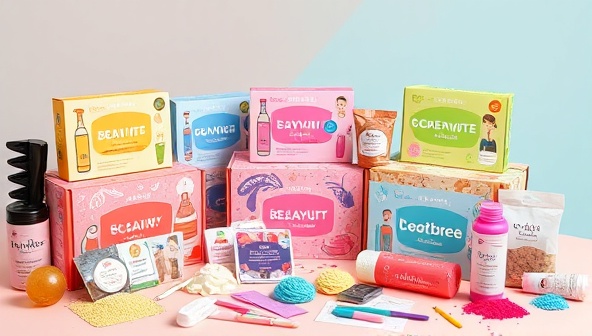 An array of colorful DIY beauty kit boxes featuring different beauty product themes, surrounded by vibrant ingredients, tools, and instruction cards, evoking a sense of creativity and personalization in beauty routines.