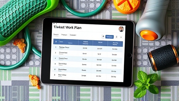 A digital interface displaying a personalized workout plan on a tablet, surrounded by fitness equipment and healthy snacks, conveying a modern and personalized approach to fitness.