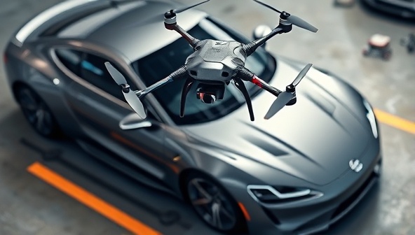 A drone hovering over a sleek, modern car during an aerial inspection, capturing detailed images of the vehicle's exterior and components, showcasing the advanced technology and comprehensive approach of the DroneInspect Auto subscription service.