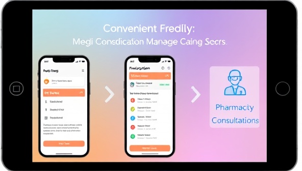 A digital platform displaying a user-friendly medication management app with personalized prescription reminders, health tracking features, and a direct line for pharmacist consultations, illustrating convenience and personalized care.