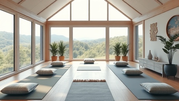 An inviting virtual retreat setting with serene nature views, yoga mats, meditation cushions, and calming decor, inviting participants to embark on a transformative wellness journey with ZenVoyage Retreats.