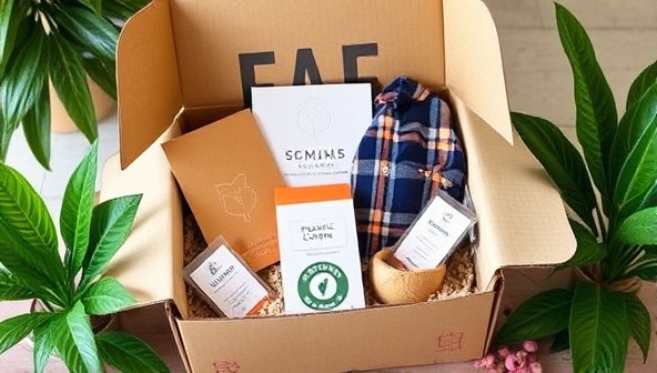 An eye-catching image featuring a beautifully designed subscription box filled with sustainable fashion items like organic cotton clothing, recycled jewelry, and biodegradable accessories, surrounded by greenery and eco-friendly packaging materials, conveying a sense of style and sustainability.