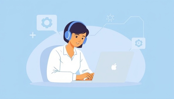 A modern and sleek illustration of a tech support specialist remotely assisting a client with a laptop glitch, showcasing a seamless virtual support experience with a focus on efficiency and problem-solving.