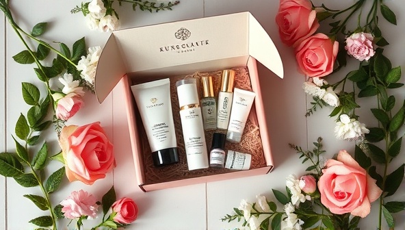 An artistic flat lay image featuring an open skincare subscription box filled with various beauty products, surrounded by fresh flowers and greenery, creating a luxurious and personalized aesthetic.