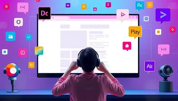 An innovative visual of a designer interacting with a computer screen using voice commands to manipulate design elements and create a website layout, with colorful voice bubbles and design tools floating in the air, illustrating the hands-free and futuristic nature of VoiceDesignPro's tools.