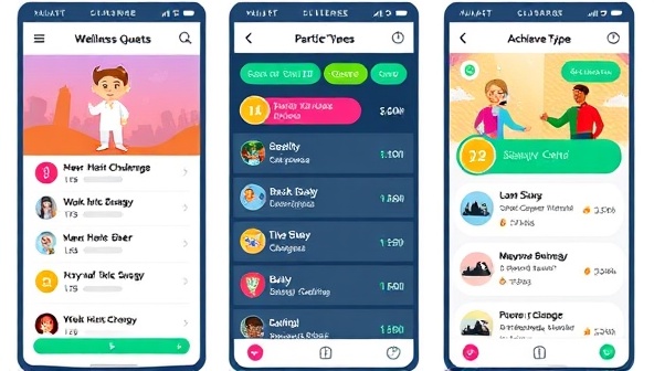 An interactive app interface showcasing a leaderboard of participants' progress in a health and fitness challenge, with colorful badges, achievement milestones, and motivational messages, fostering a competitive yet supportive atmosphere within the Wellness Quests community.