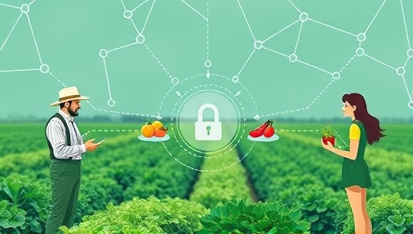 An interactive digital platform showcasing transparent farm-to-consumer transactions on a blockchain, with farmers and consumers engaging in direct exchanges of fresh produce, emphasizing the secure and trustworthy nature of AgriChain Connect's marketplace.