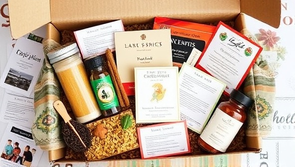 A beautifully designed subscription box filled with an assortment of international spices, exotic ingredients, recipe cards, and cultural trinkets, arranged in a visually appealing layout that evokes a sense of culinary adventure and global exploration for subscribers to savor and enjoy.