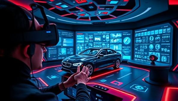 An immersive VR environment showcasing a user wearing a headset and customizing a virtual car with a wide range of options, surrounded by futuristic digital interfaces and design elements, illustrating the innovative car customization experience.