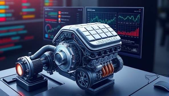 A dynamic digital illustration of a car engine being fine-tuned virtually, with data graphs and performance metrics displayed on a computer screen, symbolizing precision, speed optimization, and advanced automotive technology.