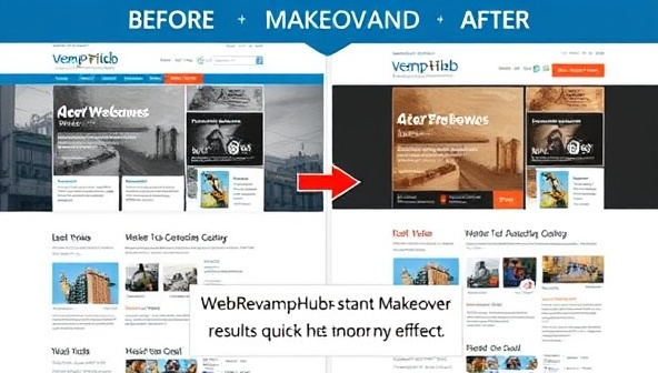 An eye-catching before-and-after collage of a website, highlighting the dramatic transformation achieved through WebRevampHub's instant makeover services, emphasizing the quick and effective results.