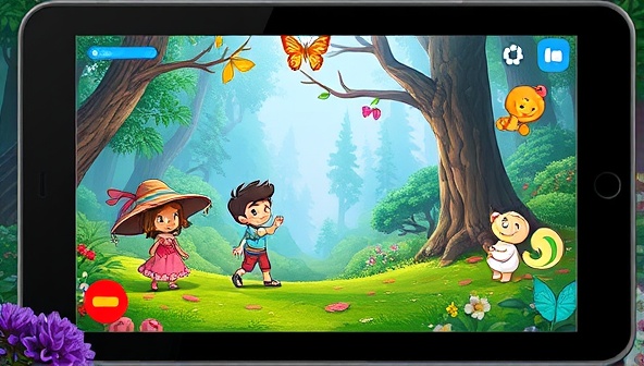 An animated scene from the interactive storytelling app, showcasing colorful characters in a magical forest setting, with interactive elements like puzzles and story choices displayed on a tablet screen, captivating children's imaginations.