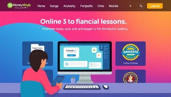 An engaging and colorful online learning environment featuring interactive financial lessons, quizzes, and badges, designed to appeal to teenagers and foster a fun and educational experience on the MoneyMinds Academy platform.