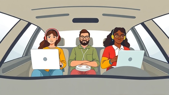 A digital illustration featuring a diverse group of remote workers sharing a virtual carpool ride, symbolizing collaboration, connectivity, and sustainable transportation in the remote work landscape.