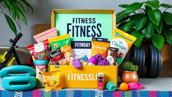 A vibrant and enticing image of a fitness subscription box filled with colorful snacks, workout accessories, and motivational items, surrounded by workout equipment and greenery, evoking a sense of health and happiness.