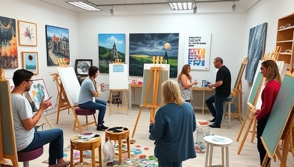 A virtual art studio setting with artists of different styles and mediums creating and discussing their work, surrounded by colorful palettes and inspirational art pieces, capturing the collaborative and creative spirit of the virtual artistic masterclasses.
