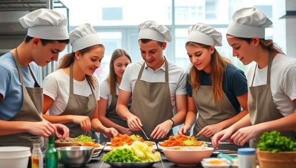 An image of a group of teenagers in aprons and chef hats, working together in a brightly lit kitchen setting, surrounded by fresh ingredients and cooking utensils, capturing the excitement and camaraderie of learning culinary skills.