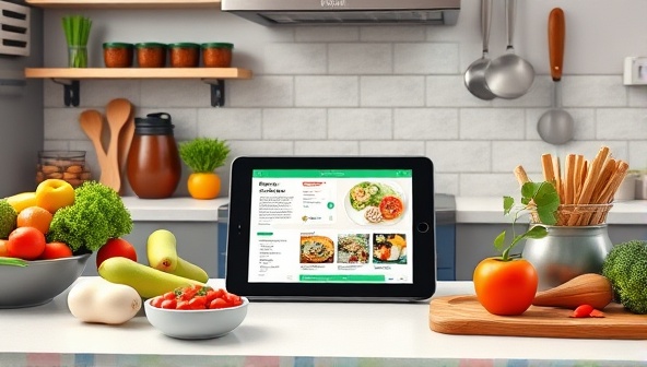 An appealing virtual kitchen scene with a variety of fresh ingredients, cooking utensils, and a digital tablet displaying a nutrition app, creating an inviting and educational cooking environment promoting healthy eating and meal planning.