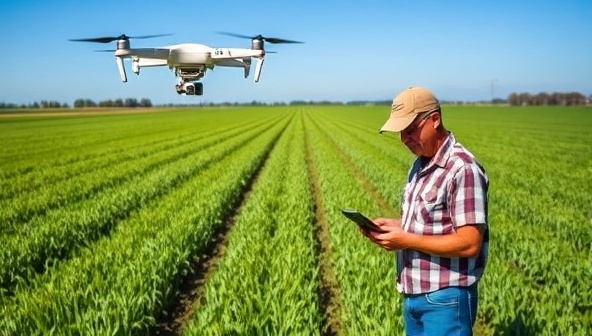 An agricultural field with a drone hovering above, capturing aerial footage of crop rows, while a farmer and agronomist analyze real-time data on a tablet, demonstrating the efficiency and precision of SkyHarvest Drones' crop monitoring services, set against a backdrop of green fields and blue skies.