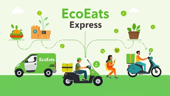 An artistic representation of the EcoEats Express delivery network showcasing eco-friendly food packaging, electric delivery vehicles, and sustainable dining experiences, with diverse customers enjoying green meals delivered with minimal environmental impact, symbolizing conscious consumption and culinary sustainability.