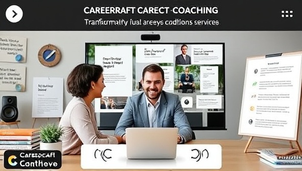A virtual mentorship session scene with a professional career coach providing guidance to a motivated individual, surrounded by virtual career development resources, inspirational quotes, and a roadmap to success, showcasing the transformative impact of CareerCraft Connect's virtual coaching services.