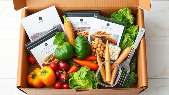 A beautifully arranged meal prep kit box filled with vibrant fresh ingredients, elegant recipe cards, and sleek kitchen tools, exuding a sense of culinary luxury and convenience.