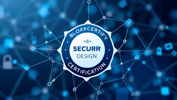 An artistic representation of interconnected blockchain blocks forming a secure certification badge, with design elements integrated, symbolizing the fusion of technology and creativity in the BlockCertify Design platform, highlighting trust and transparency.