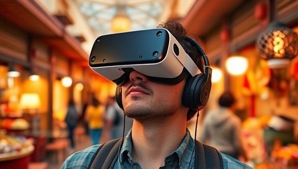 An individual wearing a VR headset, immersed in a lifelike virtual tour of a bustling marketplace in Marrakech, with vibrant colors and sounds, capturing the essence of virtual travel experiences and exploration.