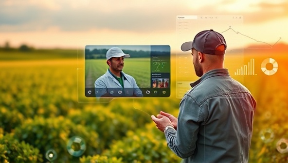 An interactive virtual platform interface showcasing a farmer consulting with an agronomist via video call, with farm analytics and crop data visualizations in the background, illustrating the modern approach to farm consultancy services.