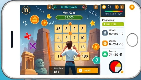 A captivating math quest scene within the app interface, showing a user solving math puzzles, unlocking achievements, and earning rewards, surrounded by mathematical symbols, challenges, and a dynamic progress tracker, creating a gamified learning environment that motivates and inspires mathematical mastery.