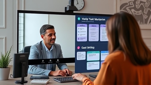 An interactive virtual mentorship session featuring a mentor providing guidance and advice to a mentee through a digital platform, with resources, tools, and goal-setting frameworks displayed on the screen, creating a supportive and growth-oriented mentorship environment.