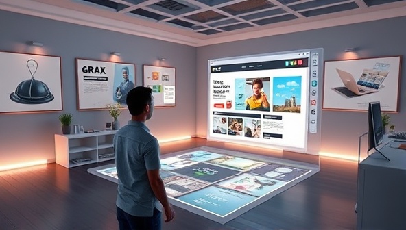 An immersive illustration of a user interacting with an augmented reality web design mockup, projecting a website layout onto a physical space with interactive elements and real-time editing options, showcasing the advanced visualization capabilities of ARWeb Mockup Pro.