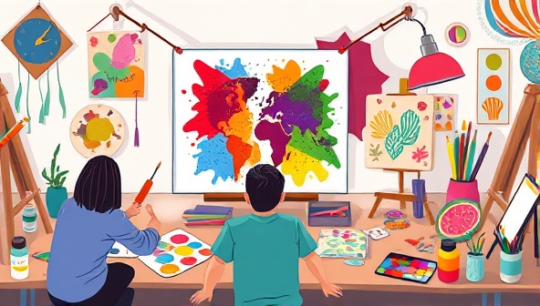 An artistic digital illustration of a virtual art jamming session where participants from around the world are painting together on a shared canvas, surrounded by colorful paint palettes, brushes, and creative decor, evoking a sense of unity and creativity.