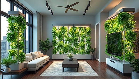 An artistic visualization of a modern apartment living room with sleek vertical hydroponic towers filled with vibrant greens and herbs, blending seamlessly with the contemporary decor, illustrating the integration of urban farming into urban lifestyles.