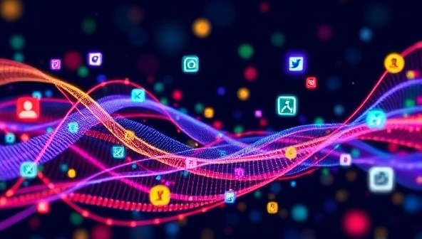 An abstract representation of colorful data streams intertwining with social media icons, symbolizing the fusion of AI technology and social networking for enhanced growth.