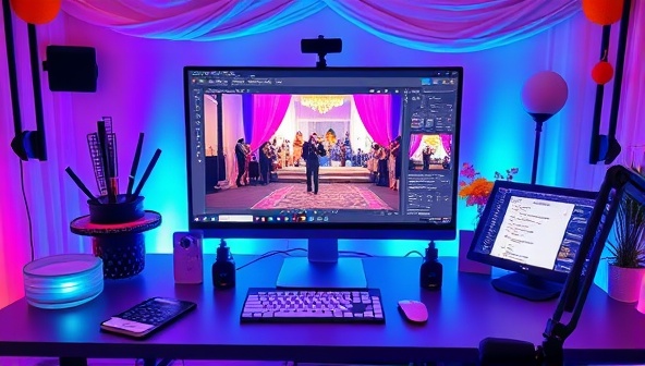 A dynamic and interactive virtual event planning setup featuring an event coordinator managing a virtual event on a computer screen, surrounded by event decorations and planning tools, creating a vibrant and engaging virtual event coordination studio.
