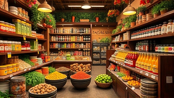 An immersive virtual marketplace interface displaying a vibrant array of international food products, spices, condiments, and culinary delights from various countries, accompanied by cultural motifs and interactive elements that invite customers to explore and discover the rich tapestry of flavors offered by FlavorFusion Market.