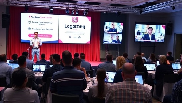 A virtual event setup with a stage, screens displaying event branding, and attendees joining from different locations, interacting in a virtual networking lounge, showcasing the versatility and engagement of online events.