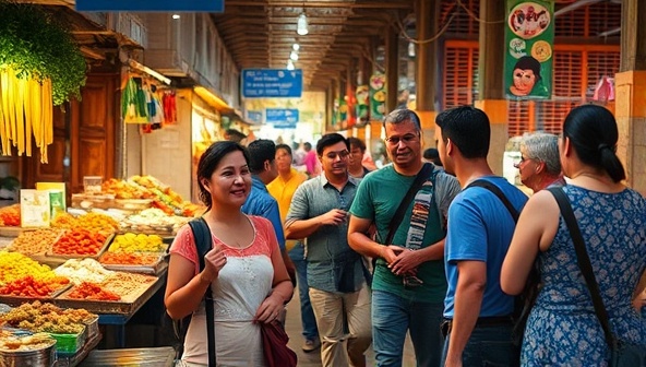A vibrant and culturally rich scene showcasing a local host guiding a group of travelers through a bustling market, with colorful stalls, exotic foods, and lively music in the background, capturing the spirit of authentic local experiences available on ExploreLocal.