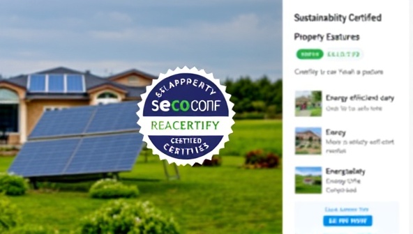 A sustainability certification badge displayed prominently on a property listing, showcasing EcoCertify Real Estate's seal of approval for eco-friendly and sustainable properties, with images of solar panels, green spaces, and energy-efficient features, emphasizing the property's commitment to sustainability.