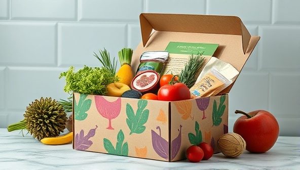 A captivating and symbolic image of rescued food items creatively arranged in a colorful and appealing meal kit box, accompanied by an eco-friendly recipe card, emphasizing the beauty and potential of repurposed ingredients in creating delicious and sustainable meals, inspiring conscious consumer choices.