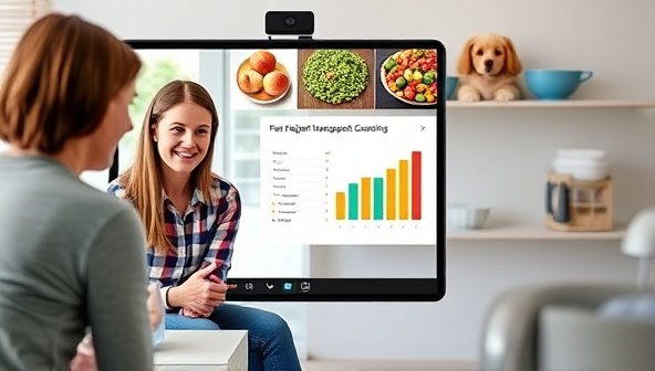 A virtual pet weight management coaching session showing a coach discussing progress charts with a pet owner via video call, with images of healthy pet food and exercise equipment in the background, conveying support and guidance in achieving pet weight goals.