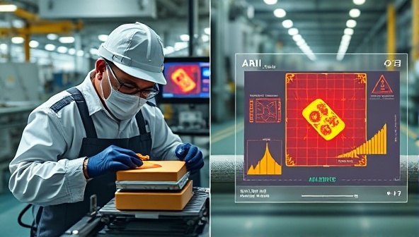 A split-screen image showing a quality control inspector examining a product on a factory line via live video feed, alongside AI-powered analysis tools highlighting potential defects and quality metrics, emphasizing the remote inspection service's effectiveness and technology integration.